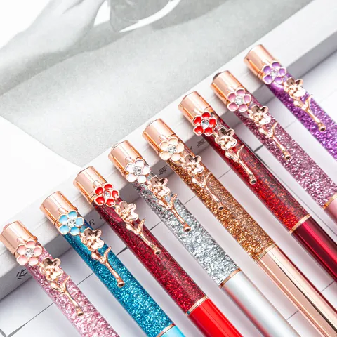 Creative Liquid Quicksand Glitter Ballpoint Pen Metal Pen With Flower Rhinestone Decor Office School Writing