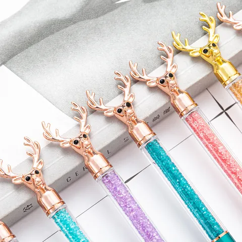 Stylo à Bille Créatif Tête de Cerf Métal Cristal Sable Mouvant Stylo Mignon Dessin Animé Écriture Cadeau de Noël Papeterie
