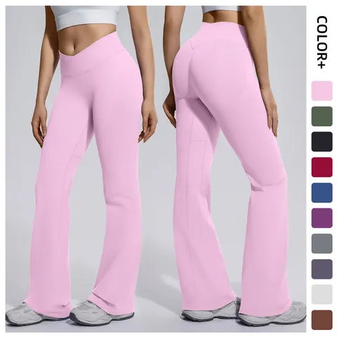 Women's High Elastic Seamless Crossover Waist Micro Flare Yoga Pants Tummy Control Bootcut Fitness Activewear Bottoms