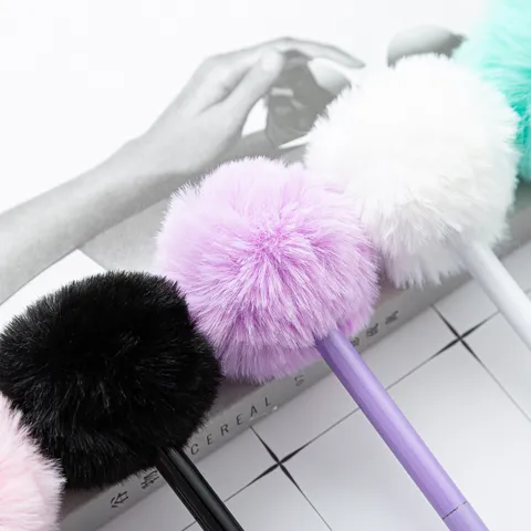 Creative Cartoon Fluffy Ball Metal Ballpoint Pen Cute Plush Ball Writing Pen Office School Stationery Supply