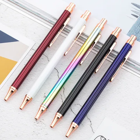 Retractable Metal Ballpoint Pen Business Office Writing Pen Metal Barrel Rose Gold Trim