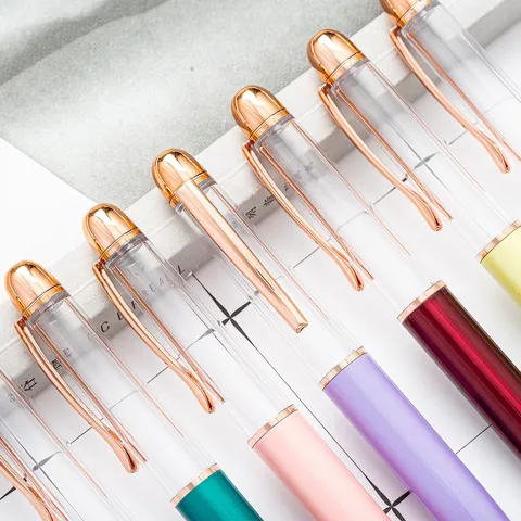 Creative DIY Metal Ballpoint Pen Transparent Body Rose Gold Trim Retractable Ball Pen Office School Writing Stationery
