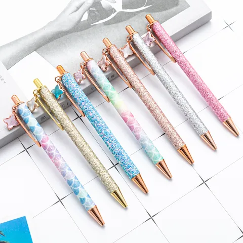 Fashion Metal Ballpoint Pen With Glitter Finish And Four Leaf Clover Pendant Office Business Writing Gift Pen