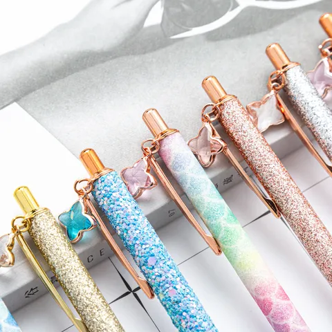 Fashion Metal Ballpoint Pen With Glitter Finish And Four Leaf Clover Pendant Office Business Writing Gift Pen
