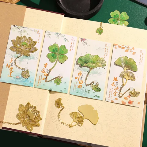 Chinese Style Hollow Out Metal Bookmark Delicate Leaf Vein Lotus Ginkgo Clover Shaped Reading Page Marker With Tassel Stationery Souvenir Gift For Teachers Students