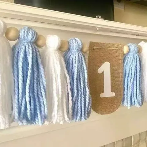 Ghirlanda di Compleanno con Nappe e Perle in Legno Decorazione per il Primo Compleanno in Iuta con Numero Uno per Servizio Fotografico