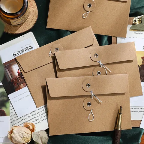Borsa Porta Documenti in Carta Kraft Retro Busta Con Chiusura a Corda e Bottone Cartella File in Carta Kraft per Cartoline Lettere Ufficio Scuola