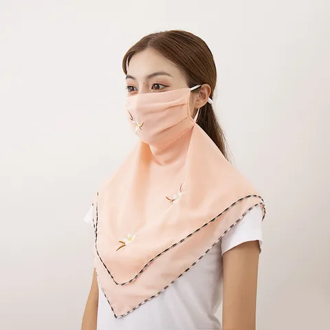 Women Summer Sun Protection Face Mask Chiffon Floral Embroidery Ear Hanging Neck Cover Veil Anti-UV Outdoor Cycling Scarf