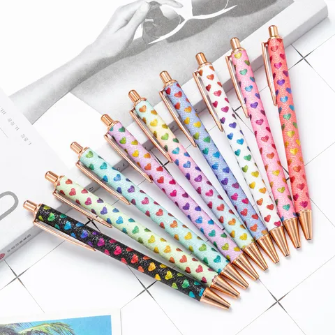 Bolígrafo de Metal con Purpurina Creativo Bolígrafo de Presión de Cuero Envolvente Moda Coreana Patrón Margarita Labios Papelería Regalo