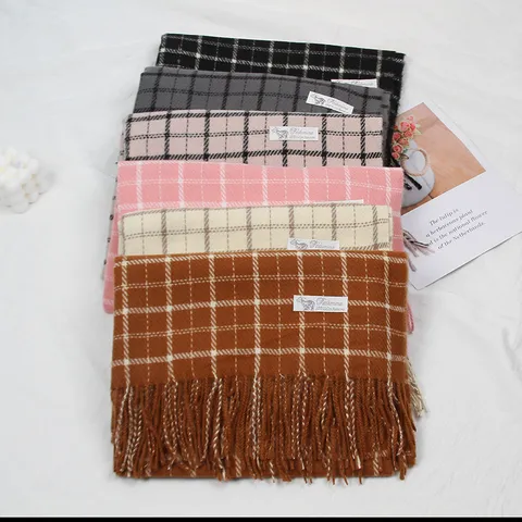 Vrouwen Winter Warm Verdikte Ruit Sjaal Retro Ruitjes Patroon Kwastje Gebreid Zacht Cashmere Gevoel Lange Sjaal Winter Accessoires