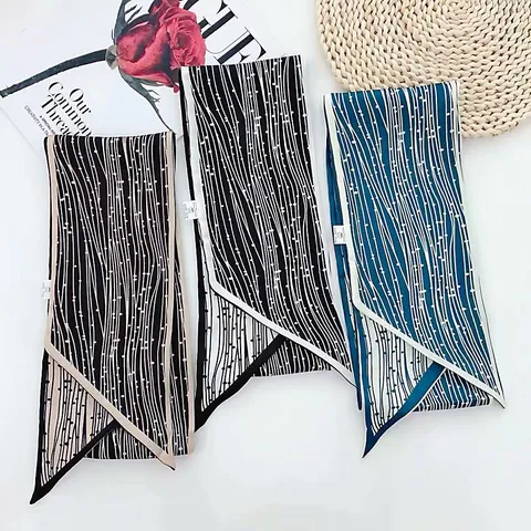 Women Fashion Printed Twilly Scarf Long Striped Neck Scarf Silk Feel Hair Band Bag Ribbon Accessory Versatile