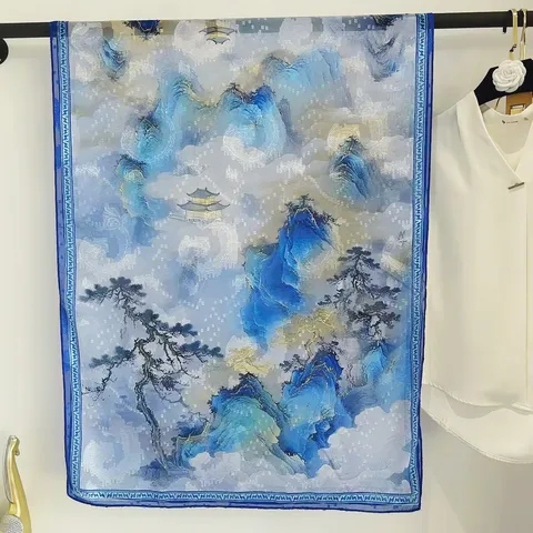 Women Chinese Style Floral Printed Long Scarf Elegant Polyester Satin Shawl Wrap Versatile Fashion Neck Scarf