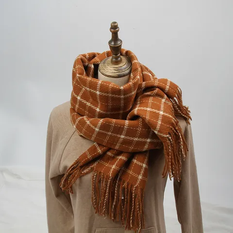 Vrouwen Winter Warm Verdikte Ruit Sjaal Retro Ruitjes Patroon Kwastje Gebreid Zacht Cashmere Gevoel Lange Sjaal Winter Accessoires