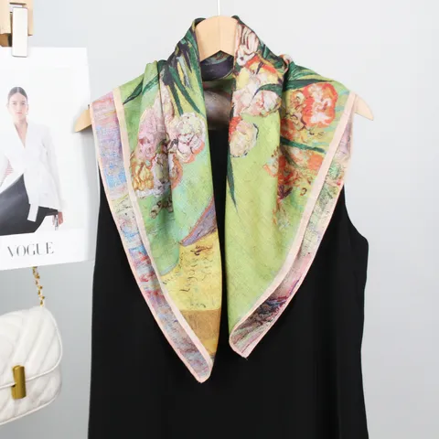 Artistic Floral Velvet Cotton Square Scarf Women Retro Oil Painting Style Versatile Warm Headwrap Fashion Neck Scarf