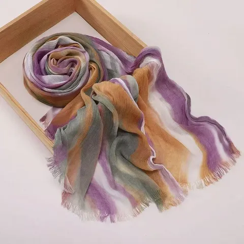 Women Retro Gradient Stripe Modal Scarf Versatile Long Pleated Shawl Lightweight Neck Scarf For Spring Autumn Daily Wear