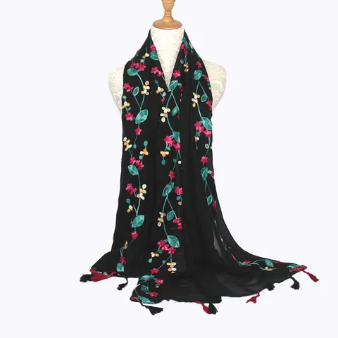Women's Ethnic Style Floral Embroidered Cotton Linen Scarf Long Shawl Travel Sun Protection Tassels Wrap Scarf