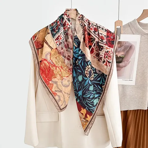 Women Fashion Velvet Square Scarf Retro Herringbone Double Sided Printed Shawl