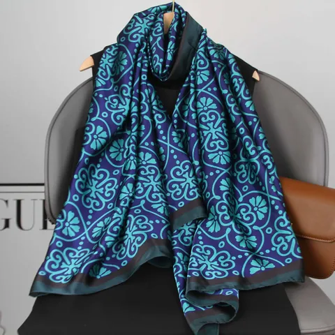 Women's Fashion Satin Scarf Elegant Floral Geometric Print Long Shawl Lightweight Soft Silk Feel Neck Scarf Wrap