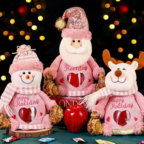 Rosa Weihnachtsgeschenktüte Weihnachtsmann Schneemann Rentier Plüsch Süßigkeitenbeutel Mit Herzfenster Festliche Feiertagsparty Dekoration Geschenktasche