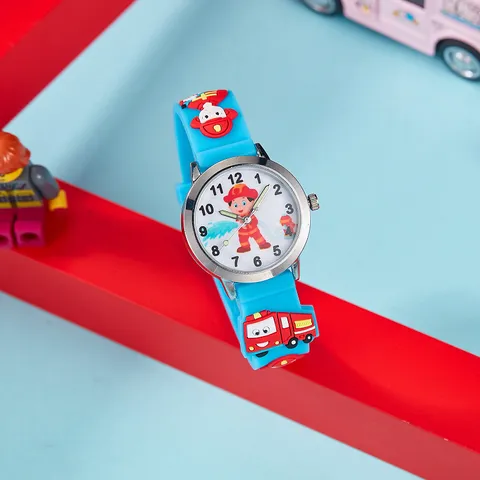 Kids Cartoon Firefighter Quartz Watch Cute Luminous Pointer Silicone Strap Children Wristwatch