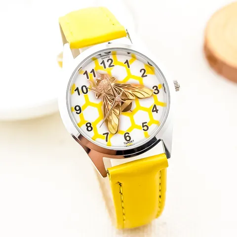 Children Quartz Watch Cute Cartoon Butterfly Bee Pattern Faux Leather Strap Student Wristwatch Kids Gift