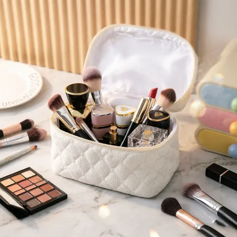 Large Capacity Quilted Cosmetic Bag Portable Travel Makeup Organizer Wash Bag Zipper Toiletry Bag For Women