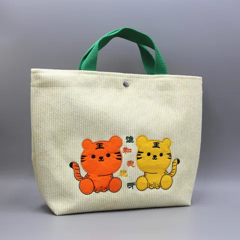 Corduroy Tote Bag Cartoon Tiger Embroidery Casual Handbag Cute Lunch Bag Daily Commute Travel Tote Bag For Women