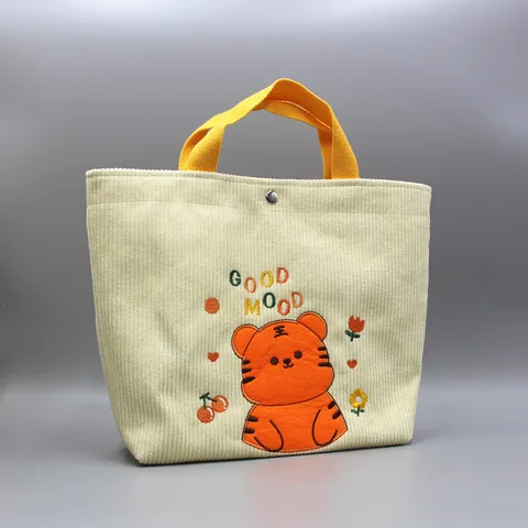 Corduroy Tote Bag Cartoon Tiger Embroidery Casual Handbag Cute Lunch Bag Daily Commute Travel Tote Bag For Women