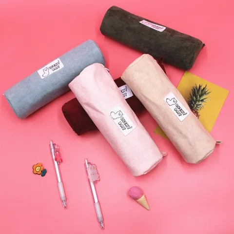 Korean Literary Corduroy Pencil Case Cute Alpaca Patch Simple Cylindrical Stationery Bag School Office Pen Storage Pouch