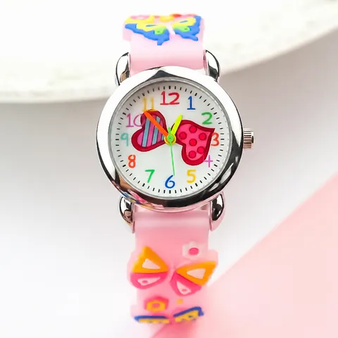 Kids Cartoon 3D Silicone Quartz Watch Cute Double Heart Dial Butterfly Decor Children Student Gift Wristwatch