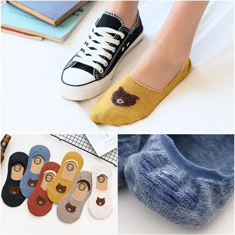 Women's Cute Bear Embroidery Low Cut Invisible Boat Socks Cotton Breathable Casual Shallow Mouth Anti-Slip Short Socks