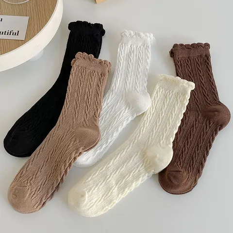 Women's Casual Cotton Mid-Tube Socks Sweet Ruffle Cable Knit Cute Japanese Style Solid Color Fashion Hosiery