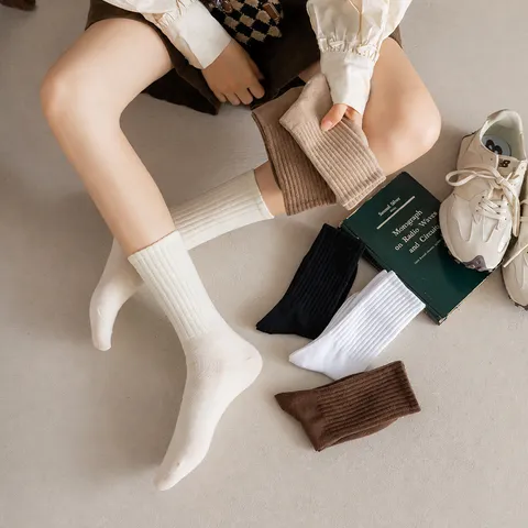 Women Casual Pure Cotton Mid Tube Stacked Socks Japanese JK Style Solid Color Ribbed Soft Daily Long Socks