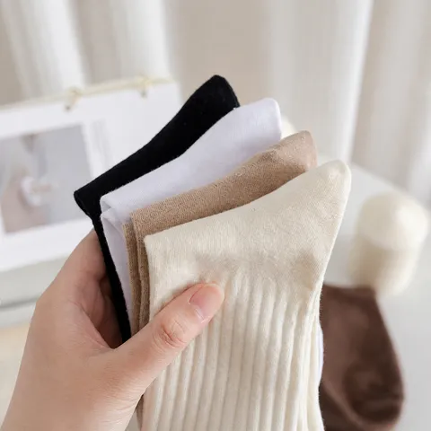 Women Casual Pure Cotton Mid Tube Stacked Socks Japanese JK Style Solid Color Ribbed Soft Daily Long Socks