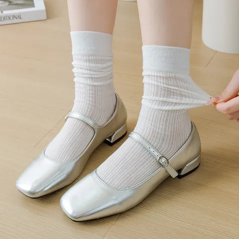 Women Summer Thin Cotton Hollow Out Vertical Striped Solid Color Stacked Crew Socks Japanese JK Style Fashion Hosiery