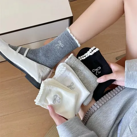 Calcetines de Tubo Medio Lindo Estilo Japonés Lazo Encaje para Mujer Algodón Color Sólido Calcetines Casuales