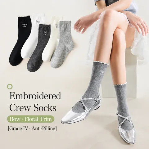 Calcetines de Tubo Medio Lindo Estilo Japonés Lazo Encaje para Mujer Algodón Color Sólido Calcetines Casuales