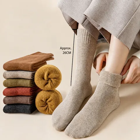 Women Winter Thickened Terry Warm Long Tube Socks Thermal Fleece Solid Color Casual High Socks Cotton Boot Socks