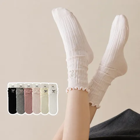 Women's Cute Ballet Style Bowknot Embroidered Mid-Calf Socks Sweet Girl Double-Needle Ribbed Stacked Cotton Crew Socks