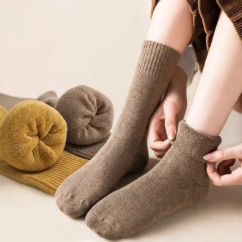 Women Winter Thickened Terry Warm Long Tube Socks Thermal Fleece Solid Color Casual High Socks Cotton Boot Socks