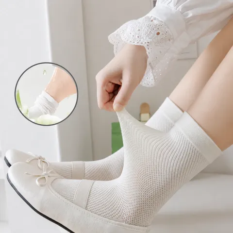 Women's Casual Pure Cotton Breathable Mesh Mid-Tube Socks Summer Thin Solid Color Daily Socks