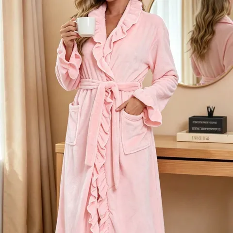 Albornoz Largo de Forro Polar Coral para Mujer Cálido con Volantes y Cintura Anudada Bolsillos Color Sólido Suave Ropa de Casa Invierno