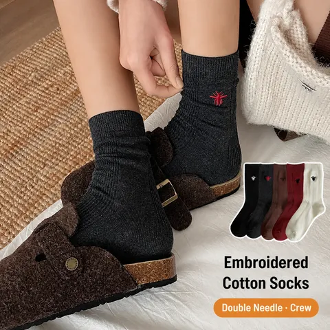 Calcetines de Media Pantorrilla de Lana Cálidos de Invierno para Mujer Vintage Bordado Diseño de Abeja Suave Cómodo Uso Diario Casual