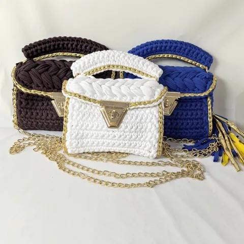 Χειροποίητη Υφαντή Τσάντα Χειρός Crochet για γυναίκες Κομψή Τσάντα Ωμού με Μεταλλική Αλυσίδα και Κλείσιμο Κλειδαριάς