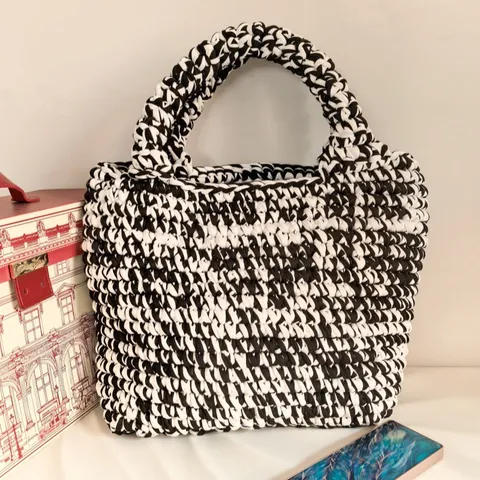 Γυναικείο Τσάντα Tote Megalis Horitikotitas Heiropoiito Plekto Shopper Tas Casual Colorblock Trapezoidal Shoulder Bag