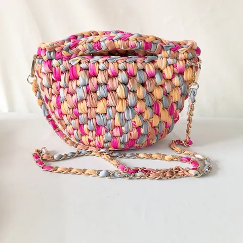 Damen Handgemachte Häkelung Gewebte Eimer Tasche Bunte Gemischte Lässige Umhängetasche Schultertasche Mit Metallkette Tägliche Tasche