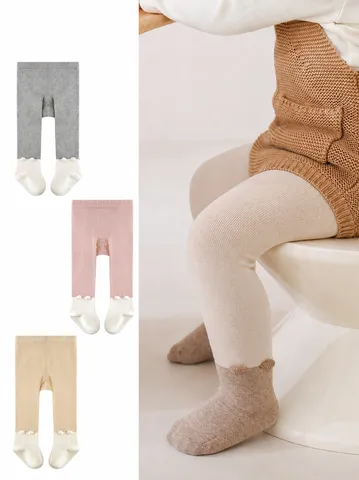 Medias de Algodón de Primavera Otoño para Niñas Lindo Pompon 3D Bloque de Color Leggings Suaves Transpirables Medias con Pies para Bebé
