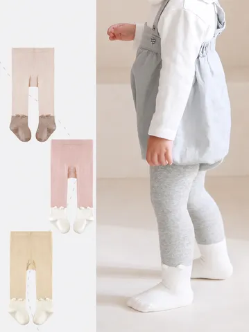 Medias de Algodón de Primavera Otoño para Niñas Lindo Pompon 3D Bloque de Color Leggings Suaves Transpirables Medias con Pies para Bebé