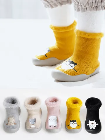 Kleinkind Bodensocken Winter Verdickt Gefüttert Rutschfest Weiche Sohle Süß Cartoon Tier Baby Lauflernschuhe