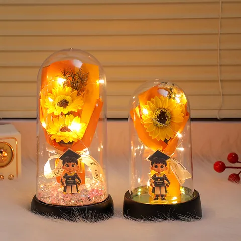 Simulation Sonnenblume Leuchtendes Nachtlicht Abschlussgeschenk Glaskuppel Schreibtischdekoration Warmes LED Umgebungslicht